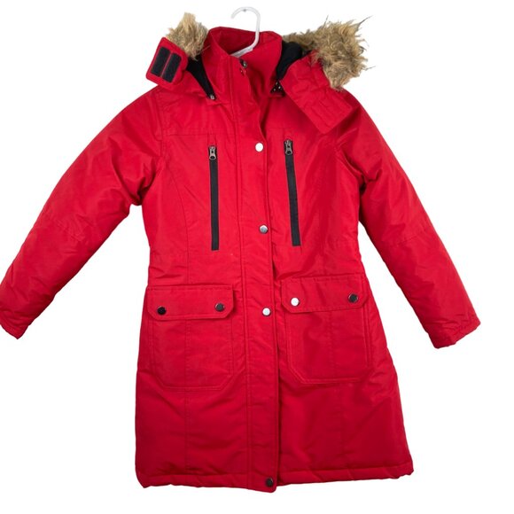 Steve Madden Girls sz L 16 Red Warm Winter Jacket Faux Fur Hood - Picture 1 of 8